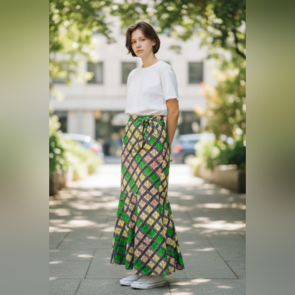 HANDMADE Elegant Green Plaid Women's Skirt 28" SMALL  TIED HIPS THEN A MERMAID